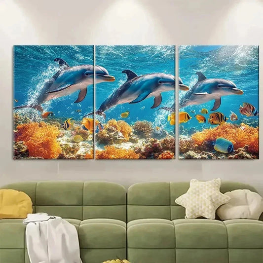 3pcs Dolphins Swimming with Tropical Fish B Wall Art Set Canvas Framed 50x70cm - High Quality Print 100% Australian Made Wall Canvas Ready to Hang