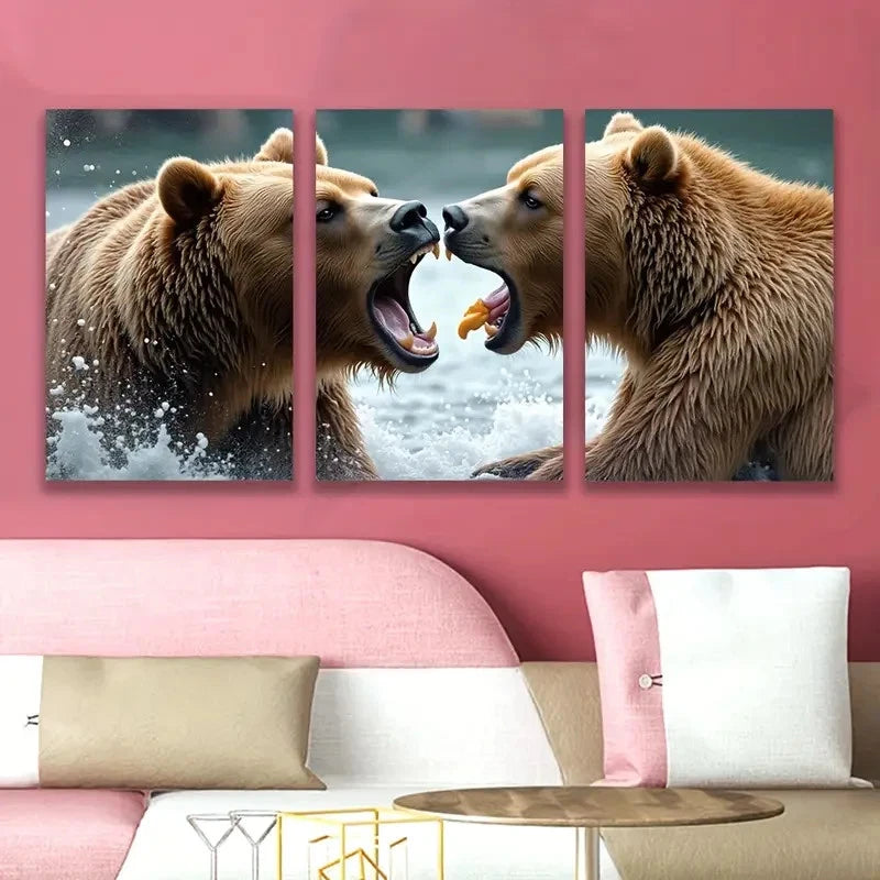 3pcs Brown Bears Fighting In Water Wall Art Set Canvas Framed 60x90cm - High Quality Print 100% Australian Made Wall Canvas Ready to Hang - Bella Home Decor