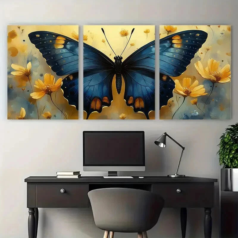 3pcs Elegant Butterfly Blue and Yellow Floral Metal Print Ready to Hang Art - Bella Home Decor