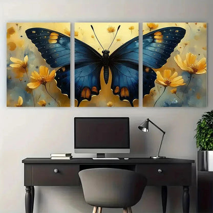 3pcs Elegant Butterfly Blue and Yellow Floral Metal Print Ready to Hang Art - Bella Home Decor
