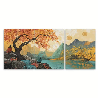 3pcs Autumn Scenery with Deer & Mountain View Metal Print Ready to Hang Art - Bella Home Decor