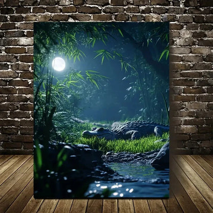 Serene Bamboo Grove Scene with Moonlit Painting 40x60cm Metal Print Ready to Hang - Bella Home Decor