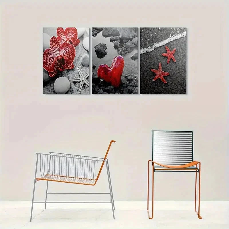 3pcs Beach Themed Red Starfish Heart and Orchid Metal Print Ready to Hang Art - Bella Home Decor