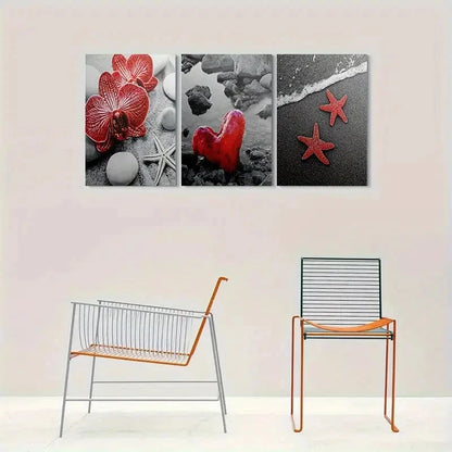 3pcs Beach Themed Red Starfish Heart and Orchid Metal Print Ready to Hang Art - Bella Home Decor