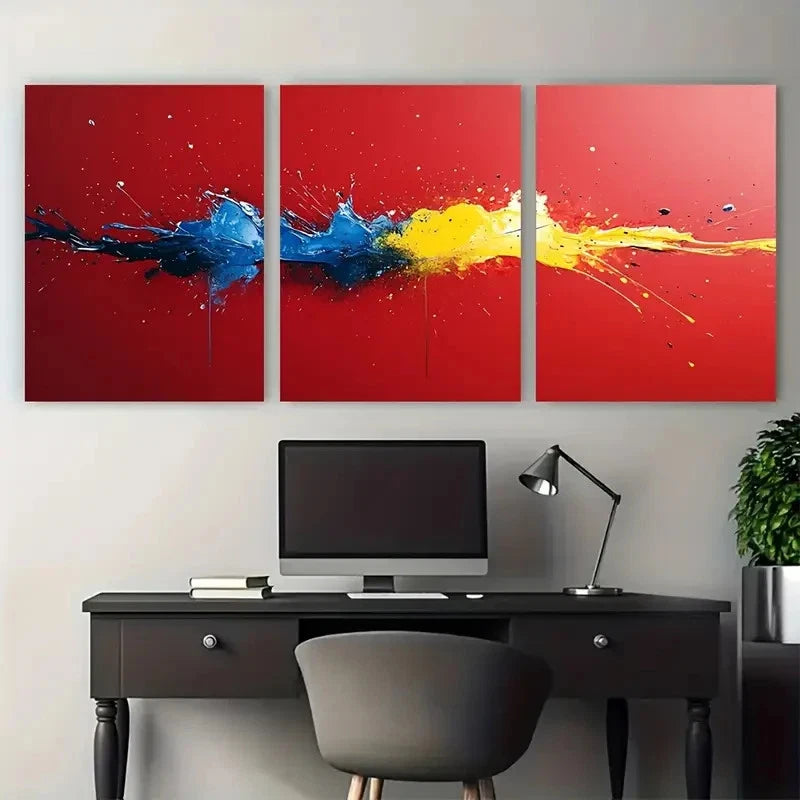 3pcs Abstract Splatter Neon Yellow Blue Red Paint Metal Print Ready to Hang Art - Bella Home Decor