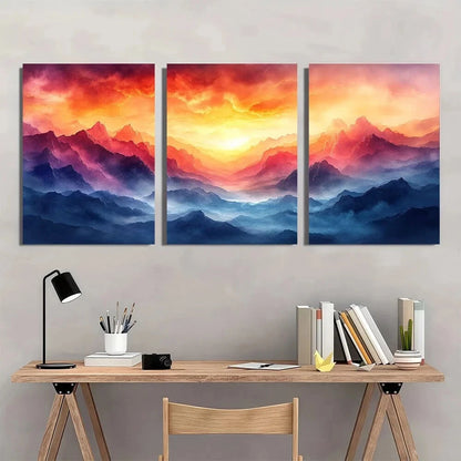 3pcs Abstract Rainbow Mountain Sunset Metal Print Ready to Hang Art - Bella Home Decor