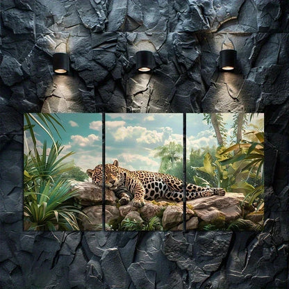 3pcs Beautiful Jaguar Resting on Rocks in Jungle Metal Print Ready to Hang Art