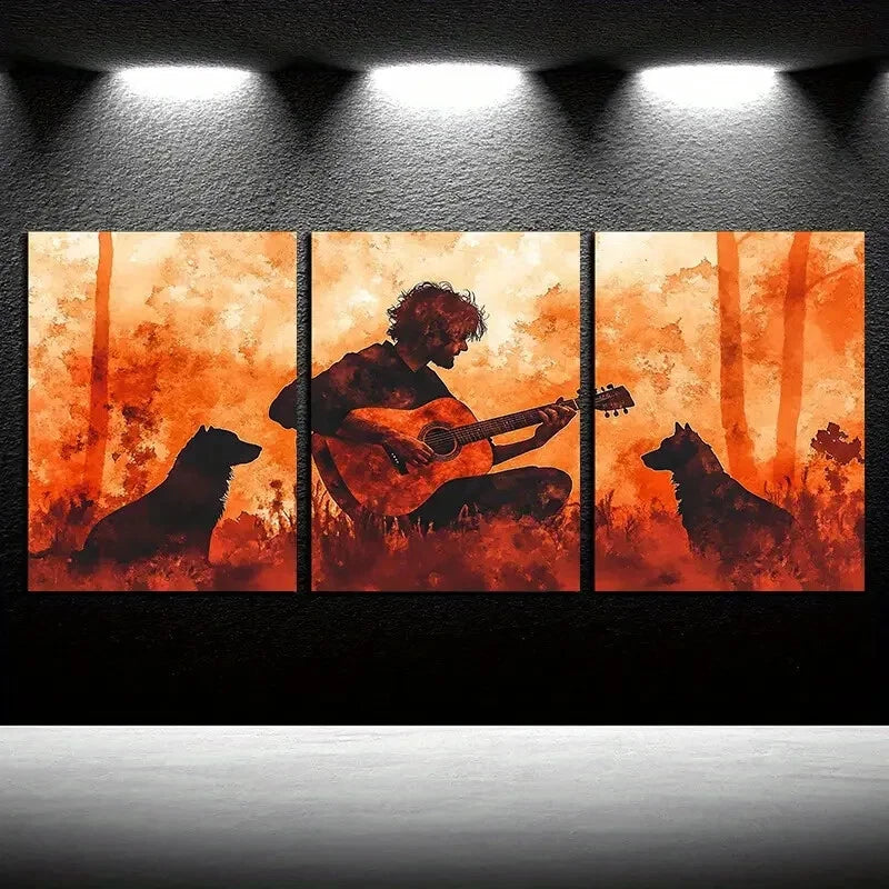 3pcs Vibrant Guitar Player & Dog Rustic Design Metal Print Ready to Hang Artc - Bella Home Decor