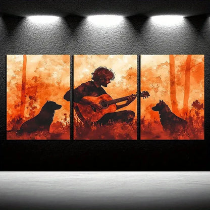 3pcs Vibrant Guitar Player & Dog Rustic Design Metal Print Ready to Hang Artc - Bella Home Decor