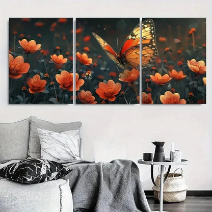 3pcs Butterfly and Orange Flowers Metal Print Ready to Hang Art - Bella Home Decor