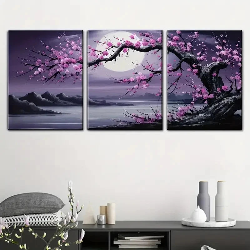 3pcs Moonlit Cherry Blossom Trees Pink Flowers Metal Print Ready to Hang Art
