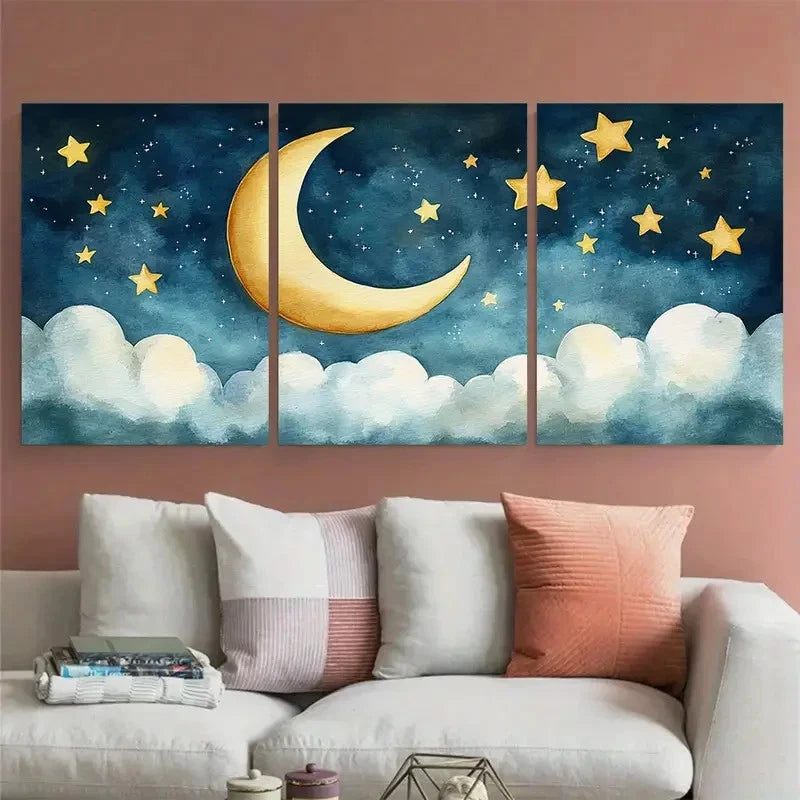 3pcs Crescent Moon Stars Kids Room Watercolor Metal Print Ready to Hang Art - Bella Home Decor