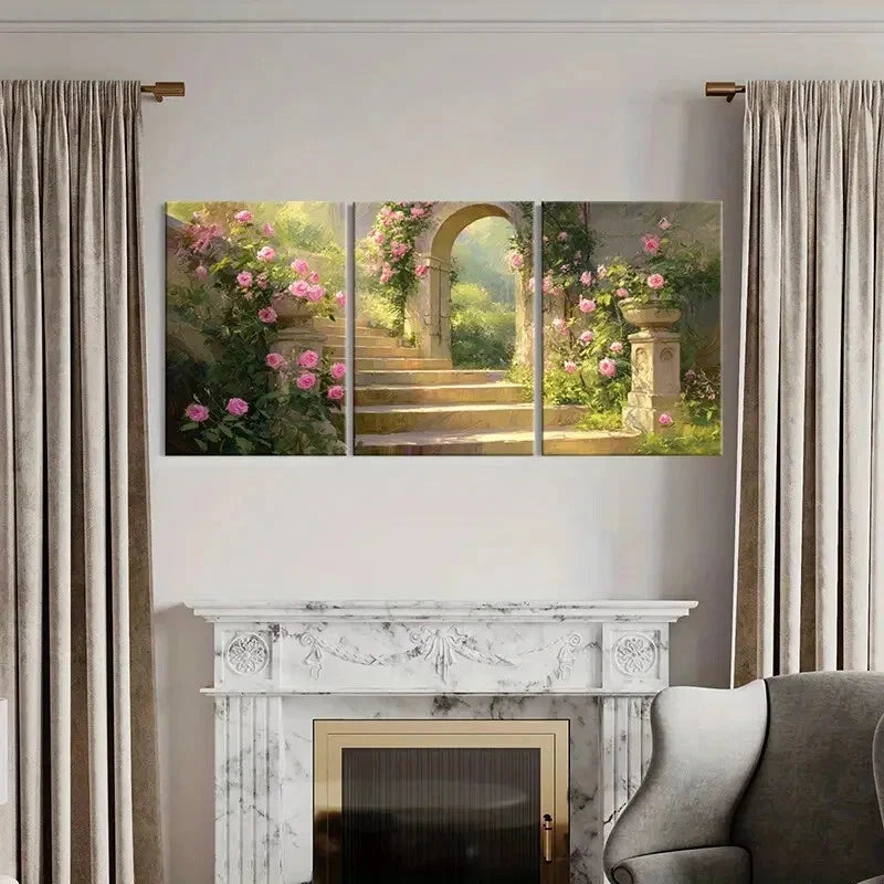 3pcs Pink Roses Stone Steps & Lush Greenery Metal Print Ready to Hang Art - Bella Home Decor