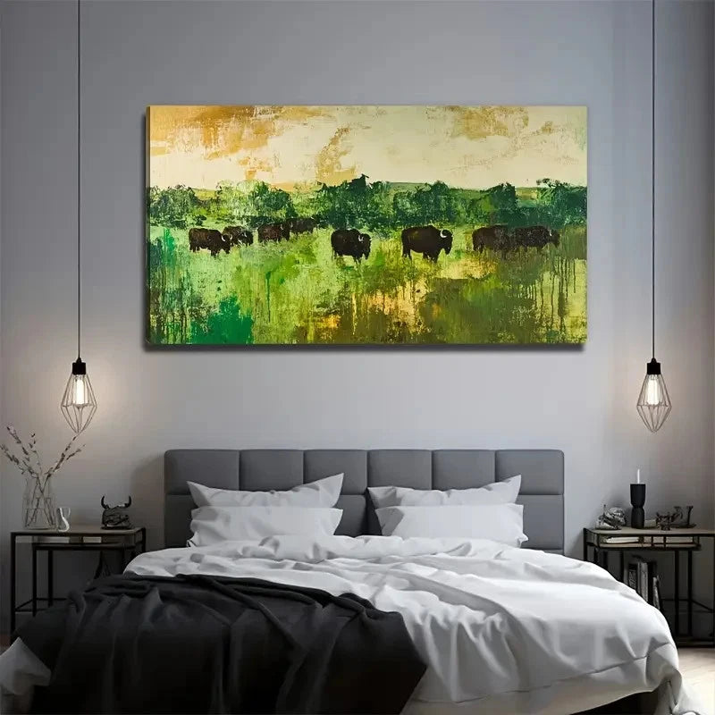 Abstract Grassland Cattle Wall Art Canvas Office Home Room Framed 120x60cm