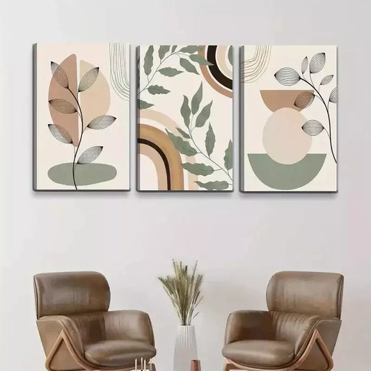 3pcs Modern Minimalist Green Plant & Geometric Wall Art Set Canvas Framed 50x70cm - High Quality Print 100% Australian Made Wall Canvas Ready to Hang