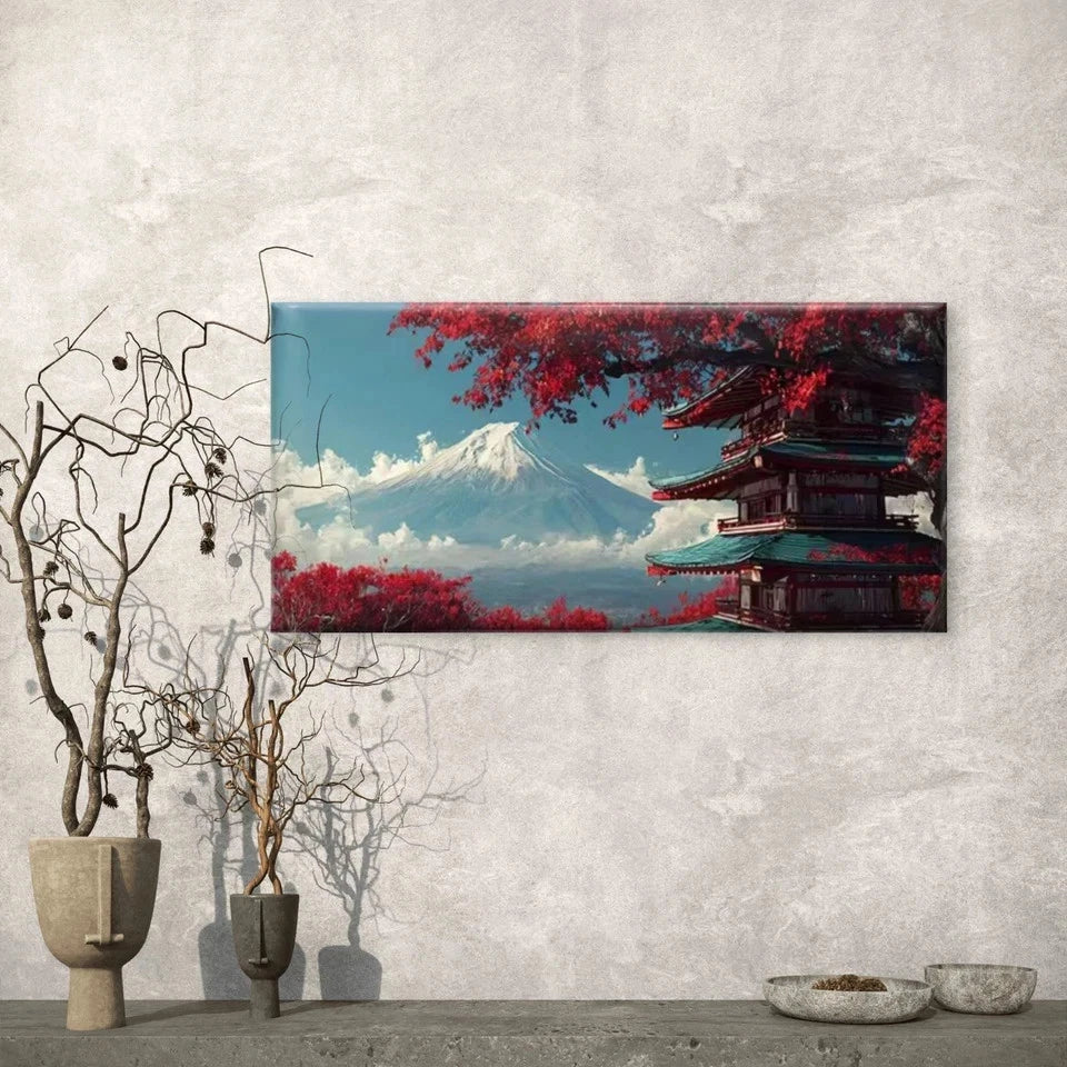 Mount Fuji with Red Leaves Wall Art Canvas Office Home Room Framed 120x60cm