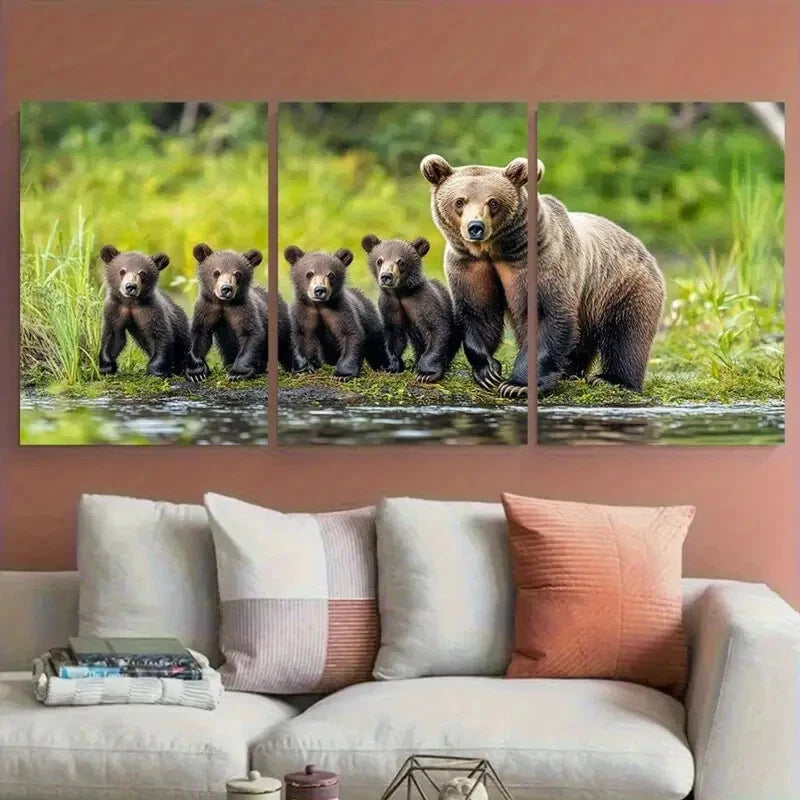3pcs Mother Bear Cubs Woodland Habitat Metal Print Ready to Hang Art - Bella Home Decor