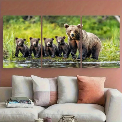 3pcs Mother Bear Cubs Woodland Habitat Metal Print Ready to Hang Art - Bella Home Decor