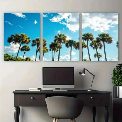 3pcs Vibrant Palm Tree & Blue Sky Prints Perfect Wall Art Set Canvas Framed 60x90cm - High Quality Print 100% Australian Made Wall Canvas Ready to Hang