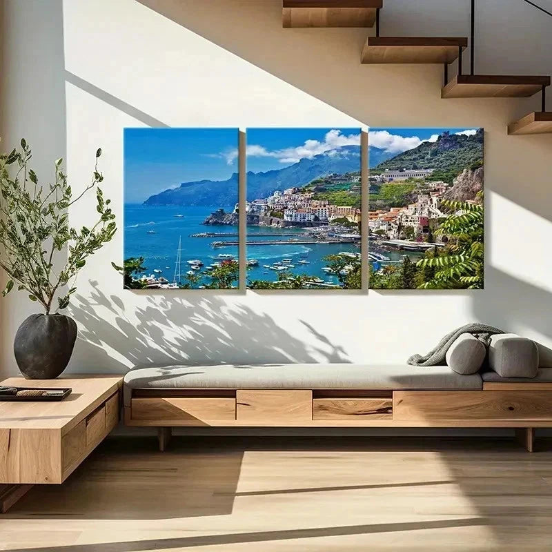 3pcs Seaside City Coastline Sea Scenery Wall Art Set Canvas Framed 50x70cm - High Quality Print 100% Australian Made Wall Canvas Ready to Hang