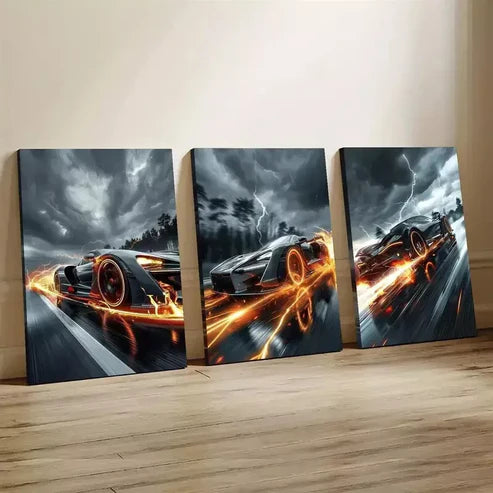 3pcs Creative Elegant Sports Car at Night Canvas Unframed - High Quality Print 100% Australian Made Wall Canvas - Bella Home Decor