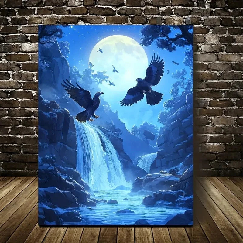 Enchanting Hawk & Moonlight Waterfall Painting 40x60cm Metal Print Ready to Hang - Bella Home Decor