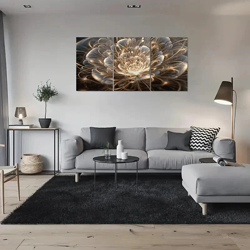 3pcs Abstract Floral Accents Vibrant Golden Black Metal Print Ready to Hang Art - Bella Home Decor