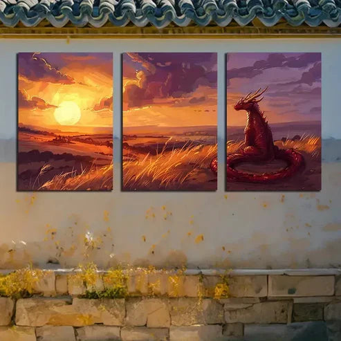 3pcs A Young Dragon Watching The Sunset Art Set Canvas Unframed - High Quality Print 100% Australian Made Wall Canvas - Bella Home Decor
