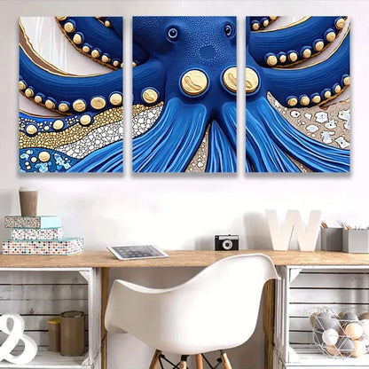 3pcs Vibrant Blue & Golden Abstract Octopus  Wall Art Set Canvas Framed 50x70cm - High Quality Print 100% Australian Made Wall Canvas Ready to Hang