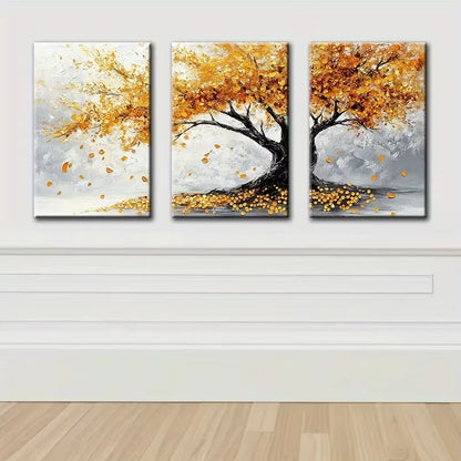3pcs A tree with Golden leaves Illustration Wall Art Set Canvas Framed 50x70cm - High Quality Print 100% Australian Made Wall Canvas Ready to Hang - Bella Home Decor