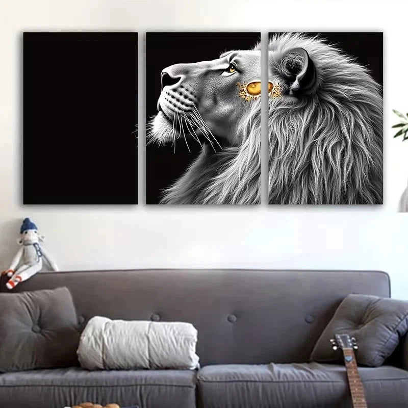 3pcs Black and white of a Lion's face Metal Print Ready to Hang Art - Bella Home Decor
