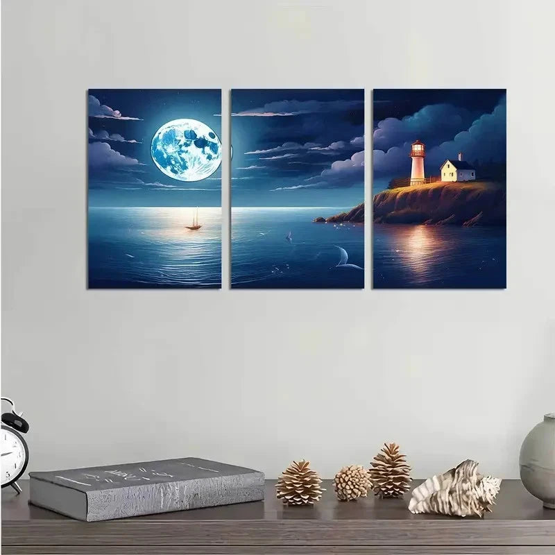 3pcs Blue Night Moonlit Seascape Metal Print Ready to Hang Art - Bella Home Decor