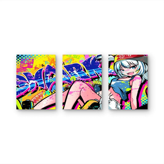 3pcs Urban Street Graffiti Pop Neon Splatter Wall Art Set Canvas Framed 60x90cm - High Quality Print 100% Australian Made Wall Canvas Ready to Hang