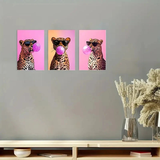 3pcs Leopard in Fashion Glasses Blowing Wall Art Canvas Framed 40x60cm - High Quality Print 100% Australian Made Wall Canvas Ready to Hang