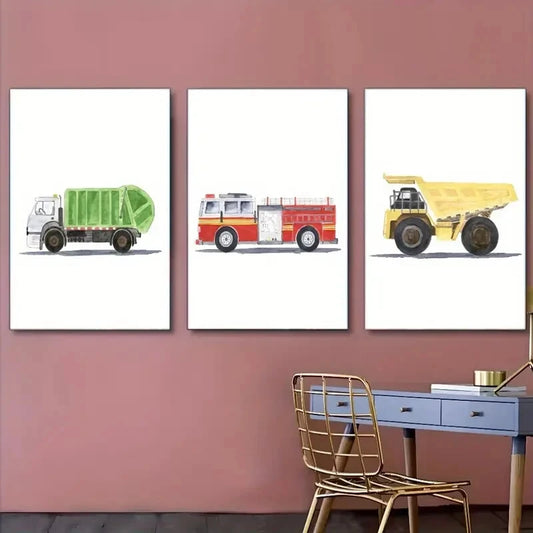 3pcs Minimalist Vehicle And Fire Truck Art Poster Metal Print Ready to Hang Art