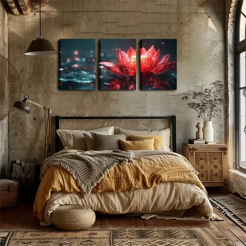 3pcs A Magic Red for Lotus Wall Art Set Wall Art Canvas Unframed - High Quality Print 100% Australian Made Wall Canvas - Bella Home Decor