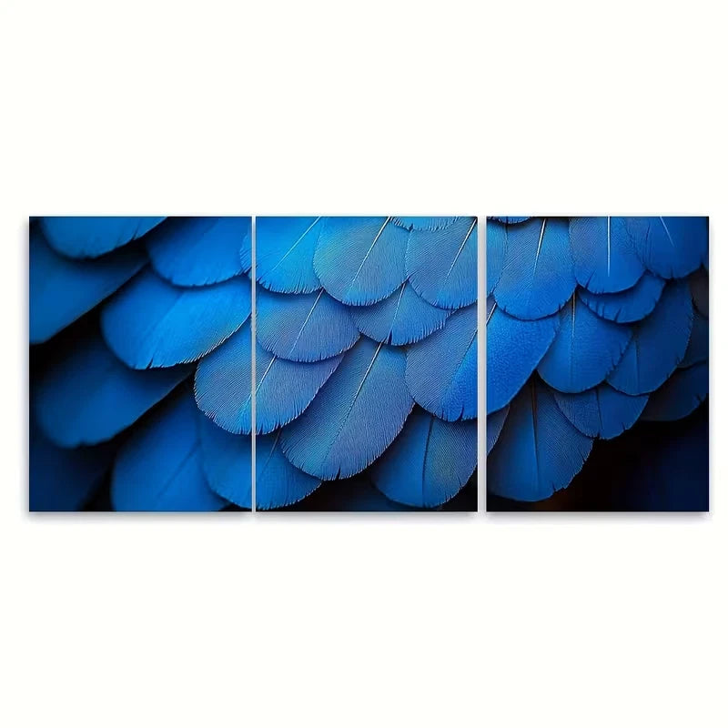 3pcs Blue Feather Abstract Macro Photography Metal Print Ready to Hang Art