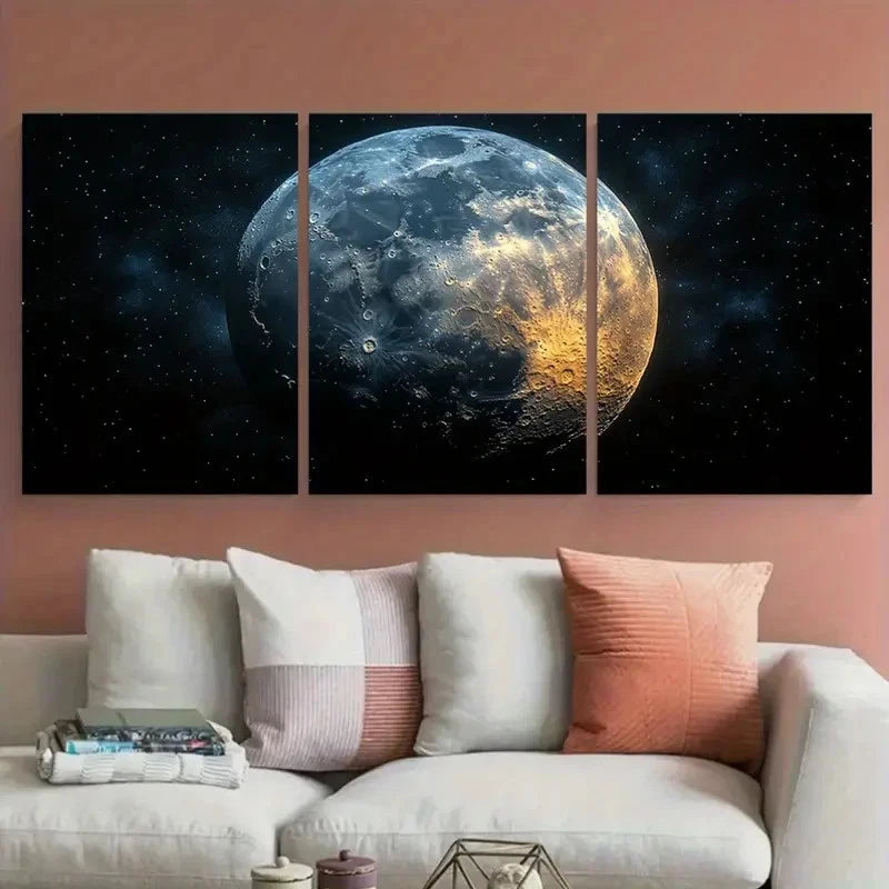 3pcs Detailed Lunar Surface with Stars Design Metal Print Ready to Hang Art - Bella Home Decor