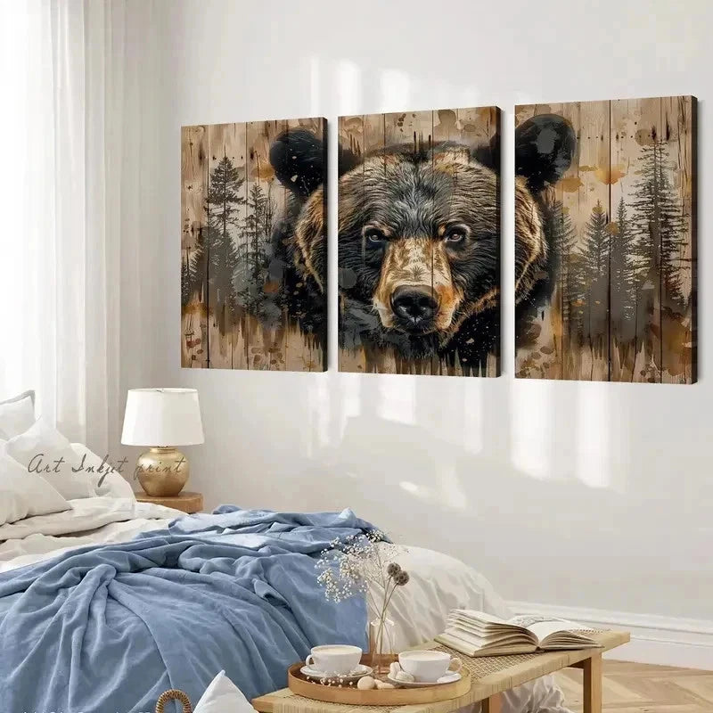3pcs Rustic Bear in Forest Canvasl  Wall Art Set Canvas Framed 40x60cm - High Quality Print 100% Australian Made Wall Canvas Ready to Hang