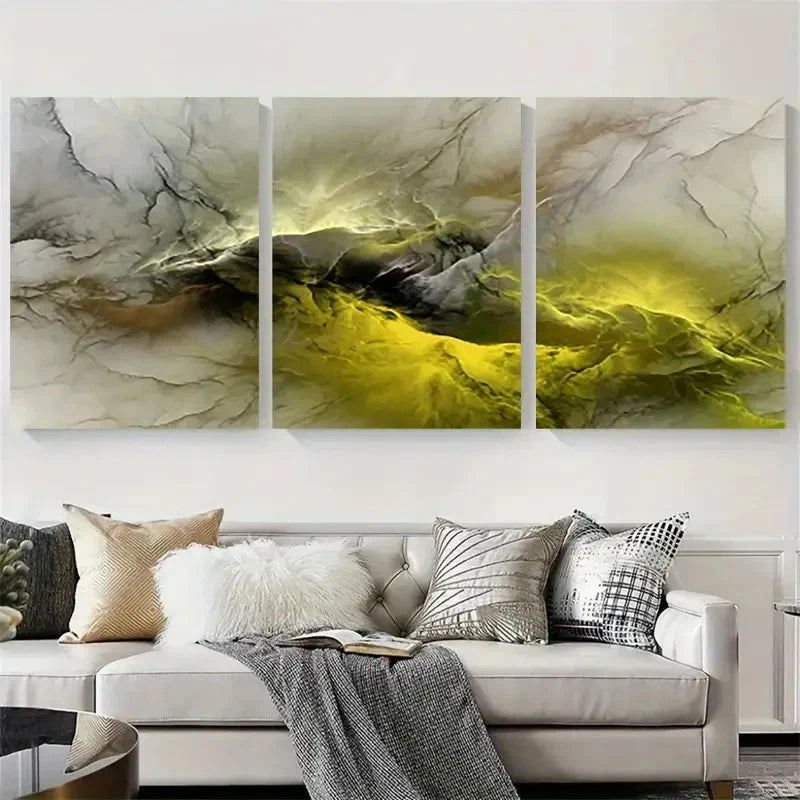 3pcs Abstract Yellow Grey Swirl Wall Art Set Canvas Framed 60x90cm - High Quality Print 100% Australian Made Wall Canvas Ready to Hang
