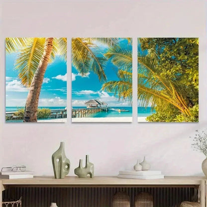 3pcs Beach Paradise Triptych Tropical Ocean Wall Art Set Canvas Framed 40x60cm - High Quality Print 100% Australian Made Wall Canvas Ready to Hang