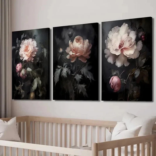 3pcs Gothic Peony Pink & White Roses Wall Art Set Canvas Framed 60x90cm - High Quality Print 100% Australian Made Wall Canvas Ready to Hang