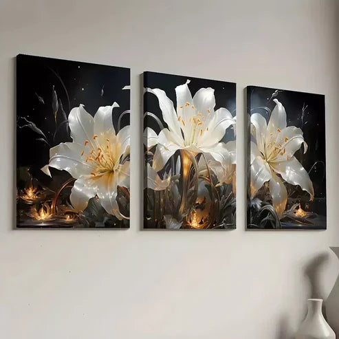 3pcs Modern Light Luxury Golden Floral Wall Art Canvas Unframed - High Quality Print 100% Australian Made Wall Canvas