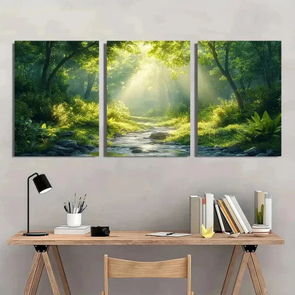 3pcs Serene Green Forest Lush Trees & Stream Wall Art Set Canvas Unframed - High Quality Print 100% Australian Made Wall Canvas