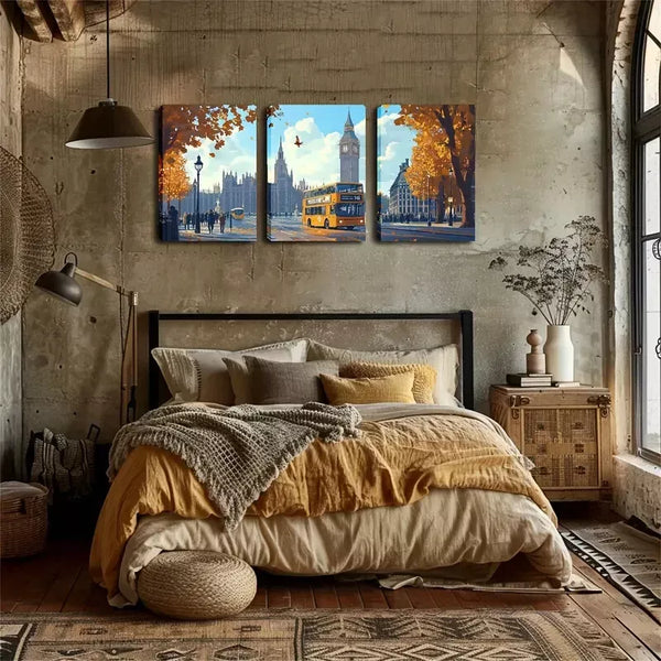 3pcs Autumn Romance, London Street Wall Art Set Canvas Framed 60x90cm - High Quality Print 100% Australian Made Wall Canvas Ready to Hang - Bella Home Decor