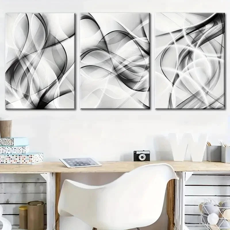 3pcs Black & White Abstract Geometric Lines Metal Print Ready to Hang Art - Bella Home Decor