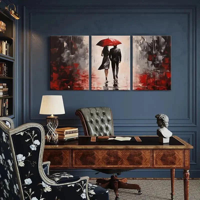 3pcs Red Umbrella Rainy Scene Romantic Couple Metal Print Ready to Hang Art - Bella Home Decor