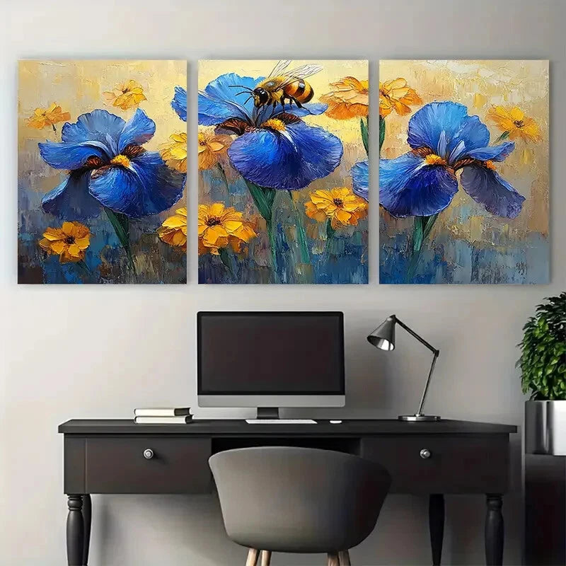 3pcs Rudbeckia Flowers Floral Impasto Honeybee Metal Print Ready to Hang Art - Bella Home Decor