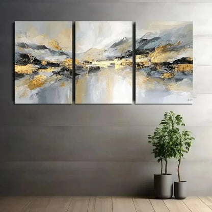 3pcs Golden And Silvery Accent Abstract Metal Print Ready to Hang Art - Bella Home Decor