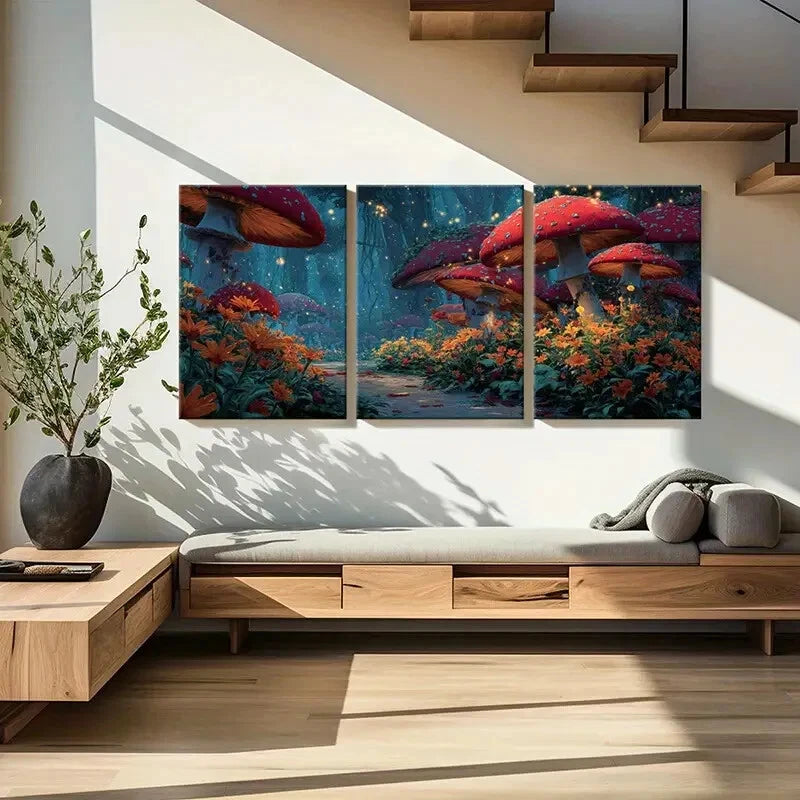 3pcs Enchanted Forest Mushroom Grove Fairy Lights Metal Print Ready to Hang Art